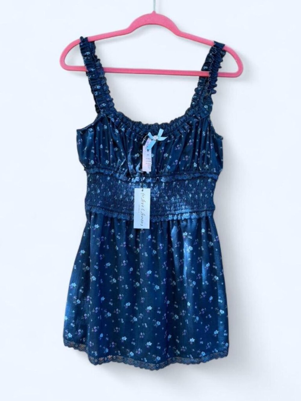 For Love & Lemons Lola Pointelle Dress NWT Medium Floral Smocked Mini Dress Navy